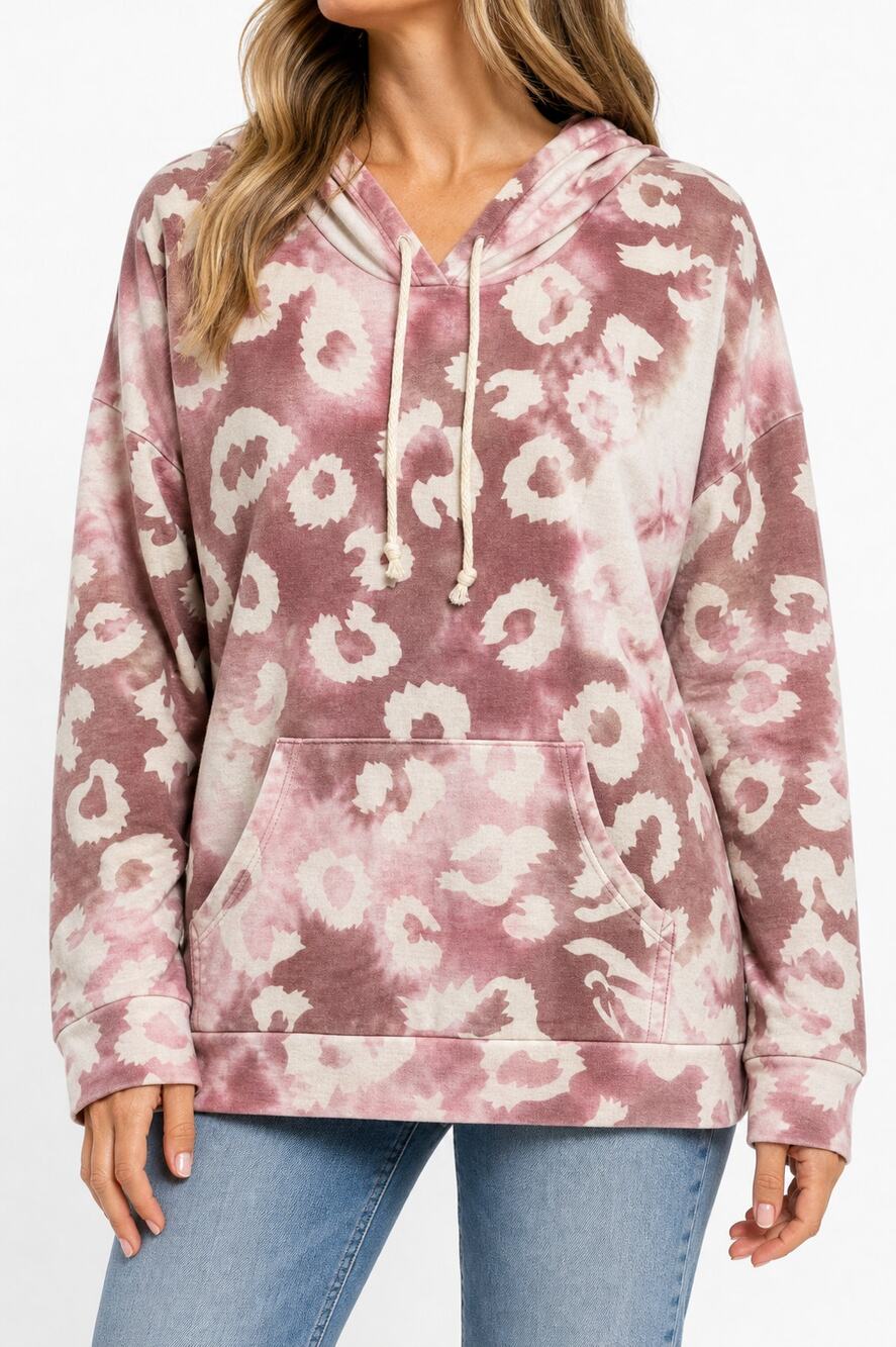 Mod Goddess Soft Women Pink Leopard Tie Dye Hoodie Kangaroo Pocket Size L Cozy